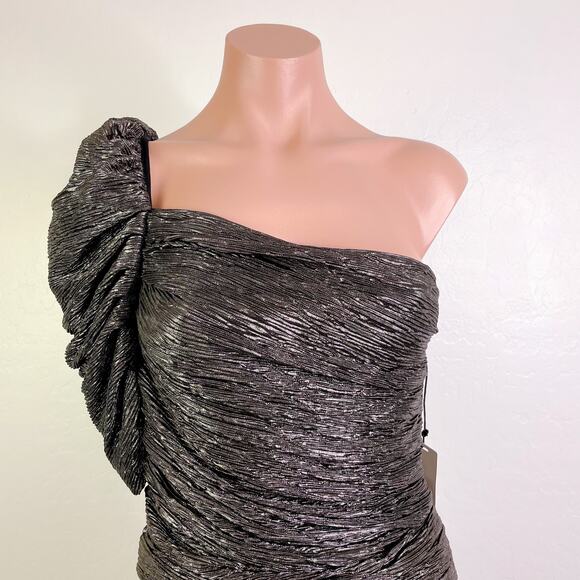 Floret Studios Gathered Ruffle One Shoulder Dress Metallic Silver Beyonce S NWT - Picture 3 of 12